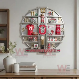 Ohio State Buckeyes themed wall clock displaying detailed football memorabilia arranged inside a metallic round frame!