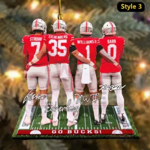 Ohio State Buckeyes Legends Christmas Ornament 8 An ornament featuring four Ohio State players standing on a football field base with Go Bucks text!