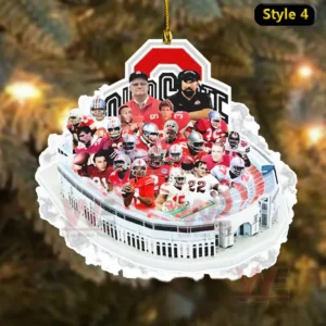 Ohio State Buckeyes Legends Christmas Ornament 9 An ornament displaying a collage of Ohio State players and coaches over a stadium model with the team logo above!
