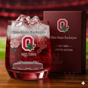 Ohio State Buckeyes glass with ice and red design standing next to a branded box!