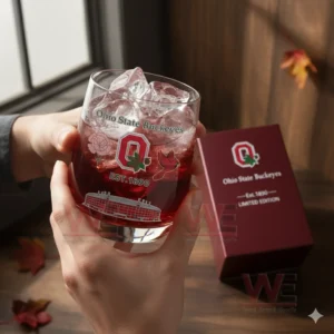 Ohio State Buckeyes Limited Edition Whiskey Glass 3 Hands holding an Ohio State Buckeyes glass with ice in a cozy indoor scene!