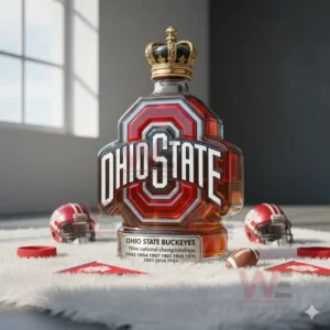 An Ohio State themed bottle with a crown top shown among football items on a soft white rug.