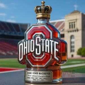 Ohio State Buckeyes Nine championships Whiskey Bottle 5 An Ohio State themed crown topped bottle displayed outdoors with a stadium backdrop.