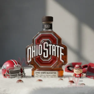 Red Ohio State emblem bottle displayed with helmet figurine on white fuzzy surface.