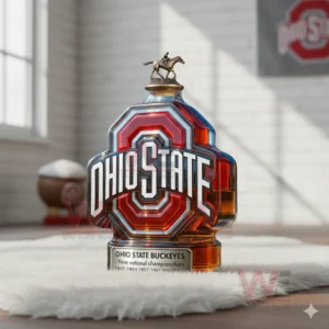 Bottle shaped like the Ohio State logo with red and clear glass details displayed on a white rug in a bright room!