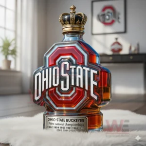 Ohio State Buckeyes Nine National Championships Custom Whiskey Bottle 5 Ohio State logo shaped bottle with a crown top standing on a soft white surface in a bright indoor space!