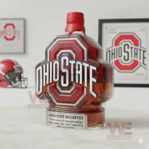 Ohio State Buckeyes Nine National Championships Custom Whiskey Bottle 6 Ohio State themed bottle placed in a room with sports decorations including helmets and framed logos!