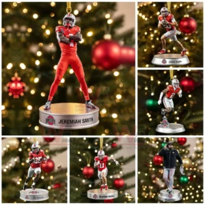 Group of Ohio State player ornaments hanging on a Christmas tree with bright lights and red decorations!