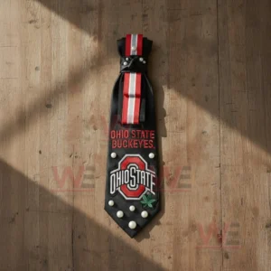 Ohio State Buckeyes Premium Statement Necktie 3 Model wearing an Ohio State Buckeyes premium necktie with a white shirt highlighting team logo stripes and decorative details!