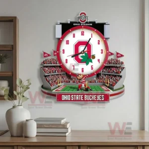 Ohio State Buckeyes wall clock mounted on a wall adding college pride energy and tradition to the room!