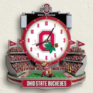 Ohio State Buckeyes wall clock shown in a living room setting emphasizing school spirit tradition and bold visual impact!