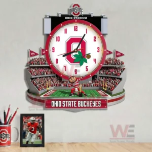 Ohio State Buckeyes wall clock above a desk forming a dedicated fan space with strong identity and competitive spirit!