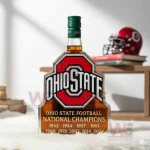 Ohio State National Championship Whiskey Bottle 5 Ohio State championship bottle with green cap displayed in a bright room with football decor.