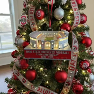 Ohio Statee Buckeyes Football 135th Anniversary Stadium Ornament 4 An Ohio State Buckeyes football stadium ornament hanging on a Christmas tree in a living room decorated with team colors ribbons and holiday lights!