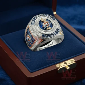 Oklahoma City Thunder ring worn on a hand with detailed engravings and blue silver tones!