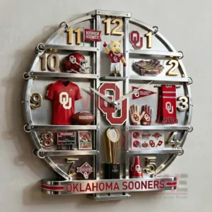 Oklahoma Sooners themed wall clock displaying detailed football memorabilia arranged inside a metallic round frame!