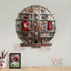 Oklahoma Sooners Home Decorative 3D Wall Clock 6 Front view of an Oklahoma Sooners themed wall clock with strong red team colors and organized sports display!