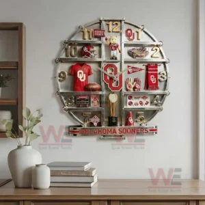 Oklahoma Sooners Home Decorative 3D Wall Clock 8 Wall mounted Oklahoma Sooners themed clock showcased in a clean interior with coordinated home decor!