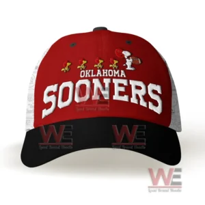 Front view of an Oklahoma Sooners cap with Snoopy football embroidery and bold lettering!