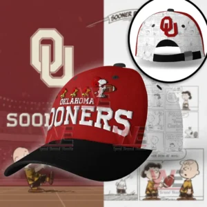 Oklahoma Sooners cap shown in a promotional layout with front embroidery and interior pattern view!