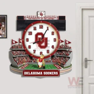 Oklahoma Sooners Stadium Decorative 3D Wall Clock 7 Oklahoma Sooners wall clock shown in a living room emphasizing school pride and visual impact!