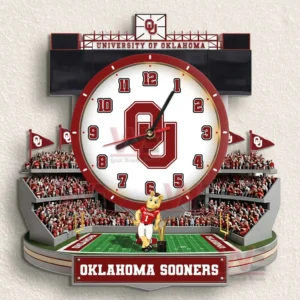 Oklahoma Sooners Stadium Decorative 3D Wall Clock 8 Oklahoma Sooners wall clock above a desk forming a dedicated fan space with strong college identity!