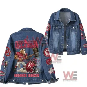 Oklahoma Sooners There is only one Boomer Sooner Denim Jacket 5 Blue denim jacket showing front structure and illustrated Oklahoma football themed back design!
