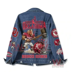 Oklahoma Sooners There is only one Boomer Sooner Denim Jacket 6 Back view denim jacket with Oklahoma football mascot illustration and strong team identity!