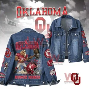 Oklahoma Sooners There is only one Boomer Sooner Denim Jacket 7 Promotional view of Oklahoma themed denim jacket showing front and back designs clearly!
