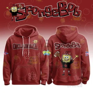 A red hooded sweatshirt displayed from both sides with a large cartoon football player graphic and strong team themed visuals!
