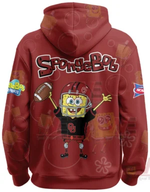 The back of a red hoodie showing a bright cartoon football character with energetic pose and bold design!