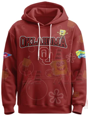 The front of a red hoodie featuring bold collegiate graphics and a subtle cartoon character element!