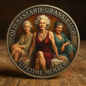 A round artistic coin featuring three stylish elderly women seated together with engraved club themed wording and a classic antique finish!