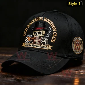Black cap with embroidered skeleton in top hat drinking bourbon and smoking a cigar along with club themed lettering!