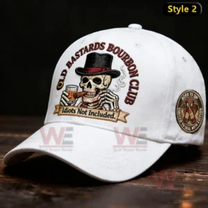 White cap with embroidered skeleton in top hat drinking bourbon and smoking a cigar along with club themed lettering!