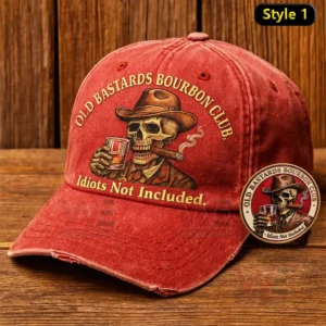 Red vintage baseball cap with skull artwork holding a drink and cigar on a wooden background!