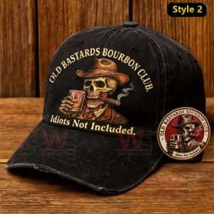 Black vintage baseball cap with skull artwork holding a drink and cigar on a wooden surface!