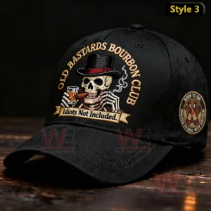 Black embroidered baseball cap with skull artwork holding a drink and cigar in a dramatic setting!