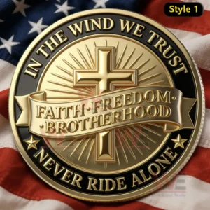 Gold and black coin emblem with cross and rays ribbon text faith freedom brotherhood outer text in the wind we trust never ride alone on American flag background!