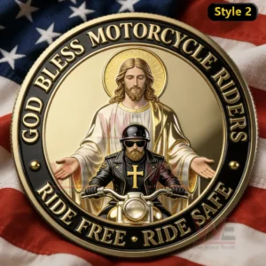 Old Bastards Motorcycles Club God Bless Motorcycle Riders Coin 5 Gold and black coin with Jesus behind a motorcycle rider on a bike outer text god bless motorcycle riders ride free ride safe on American flag background!