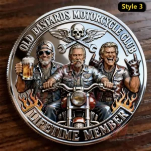Old Bastards Motorcycles Club God Bless Motorcycle Riders Coin 6 Silver coin with three older bikers around a motorcycle skull with wings and crossed tools flames and text old bastards motorcycle club lifetime member on wood background!