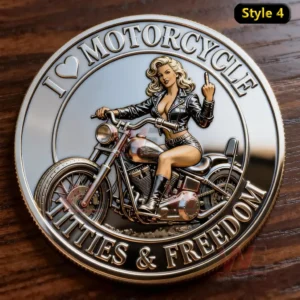 Old Bastards Motorcycles Club God Bless Motorcycle Riders Coin 7 Silver coin featuring pinup woman on motorcycle with text I love motorcycle titties and freedom and heart icon on wood background!