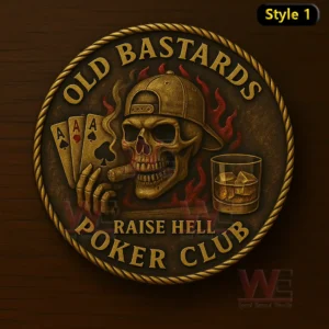 A circular coin with a skull cap three aces a cigar and a whiskey glass in a fiery poker design!