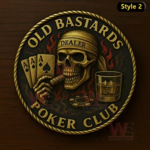 Old Bastards Poker Club Collectible Coin 3 A circular coin with a skull dealer bandana three aces cigar whiskey glass and poker chip in a fiery scene!