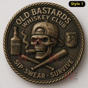A circular coin with a skull cap cigar crossed clubs whiskey bottle and glass in a bold whiskey club design!
