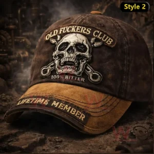 Dark brown distressed cap with Old Fuckers Club text large skull embroidery 100 percent bitter detail and Lifetime Member lettering on the brim.