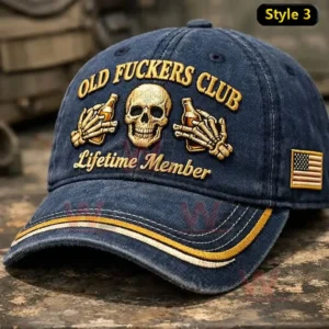 Navy baseball cap with Old Fuckers Club embroidery skull and skeleton hands holding bottles Lifetime Member text and an American flag patch on the side.