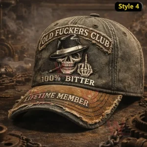 Distressed gray brown cap with Old Fuckers Club text skull character graphic 100 percent bitter embroidery and Lifetime Member lettering on the frayed brim.