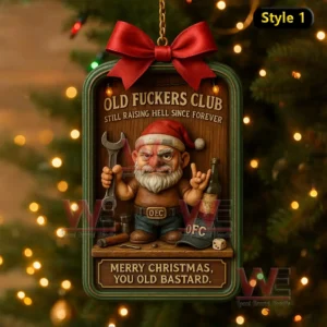 A framed ornament displays a tough older man in a red hat holding a tool and a bottle against a festive background!
