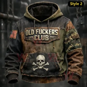 Patchwork military style hoodie with old fuckers club chest patch skull graphic on front pocket and USA flag patch on sleeve!